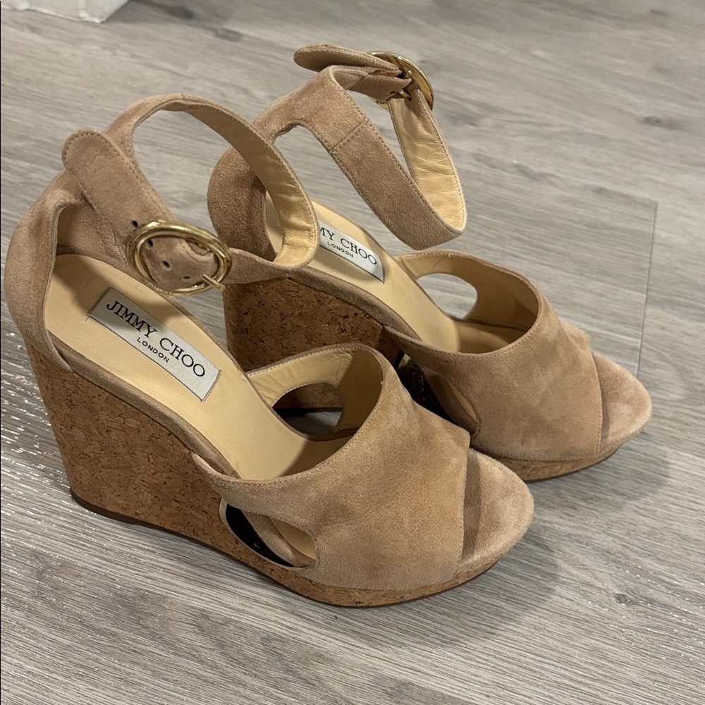 Jimmy Choo Cream Suede Cork Platform Ankle Strap Women's Shoes size 40 - Picture 3 of 14